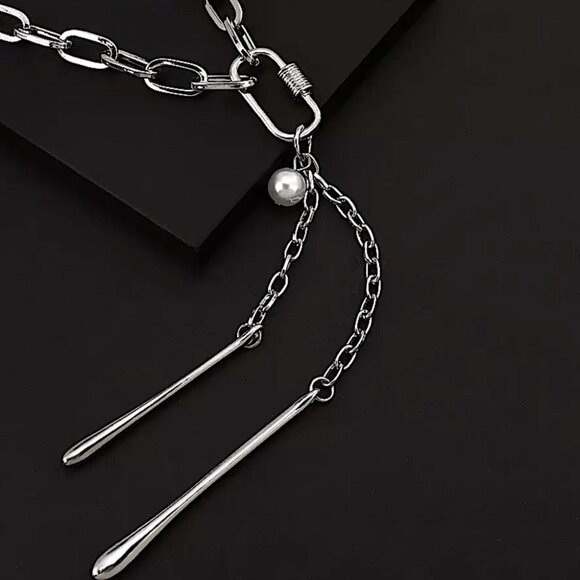 Silver Pearl Chunky Chain Statement Pendant Unique Necklace - Picture 4 of 5